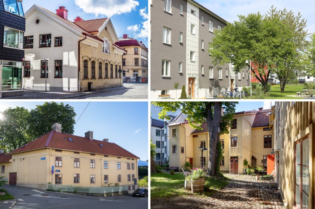fyra bilder på hus i olika byggnadsstilar