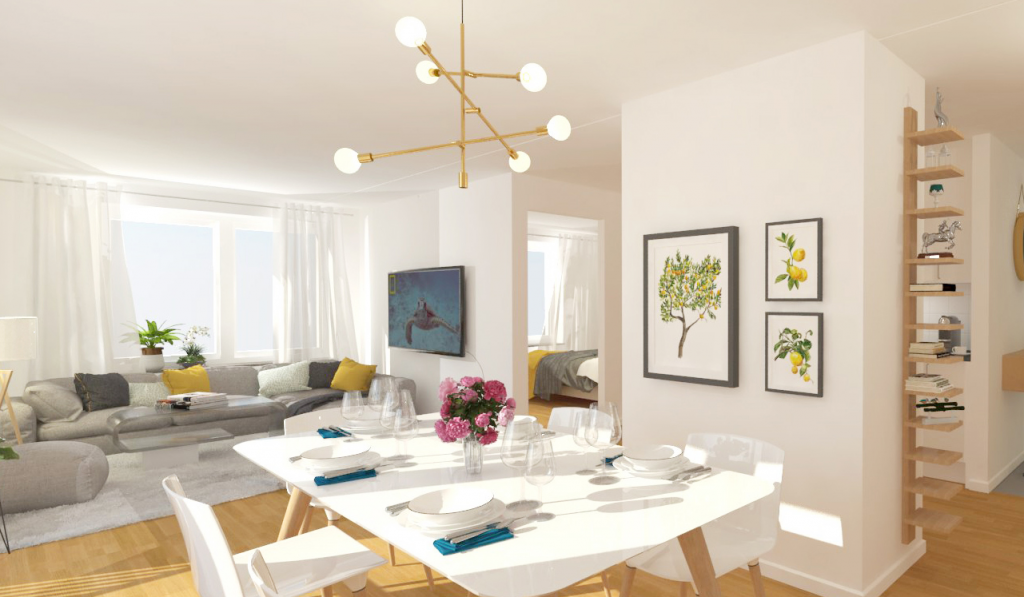 Illustration som visar ett ljust kök och vardagsrum med ljusa väggar och parkettgolv.